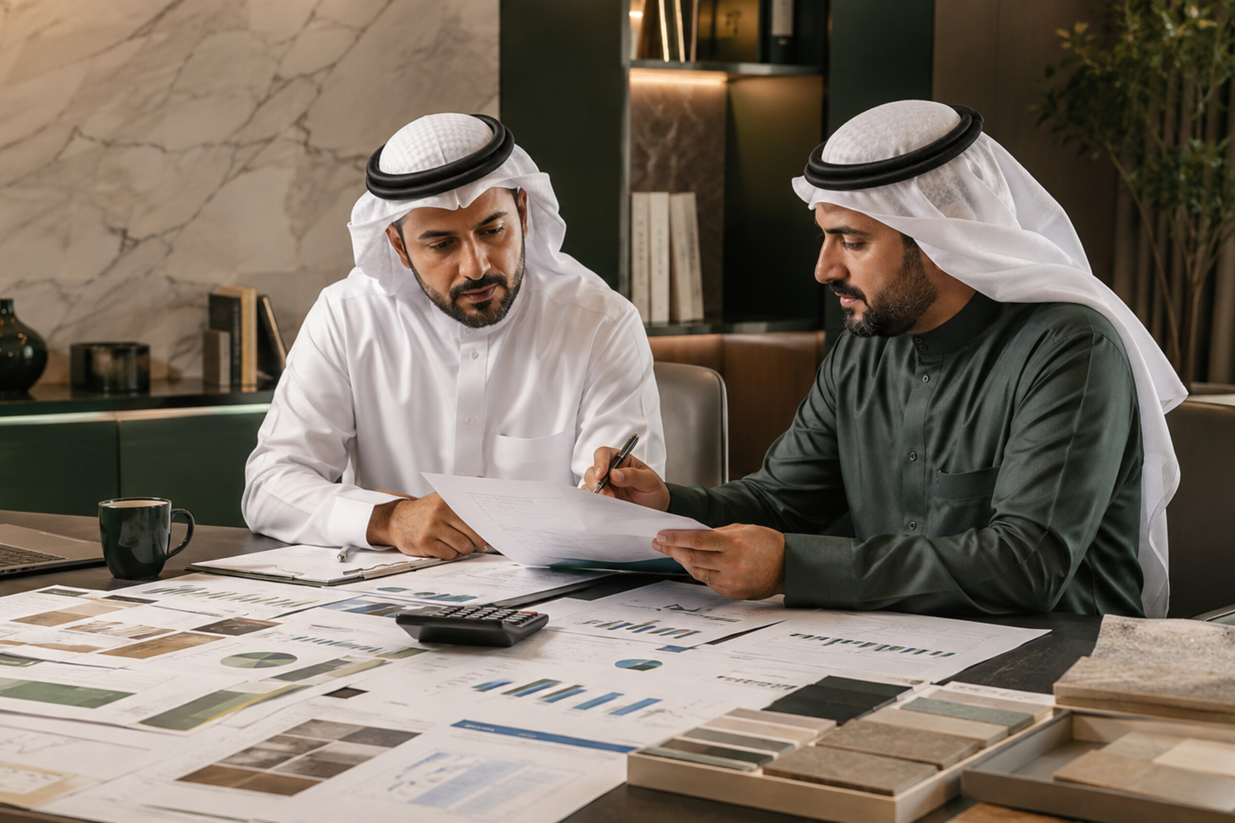 Consultants reviewing a professional feasibility study and investment analysis
