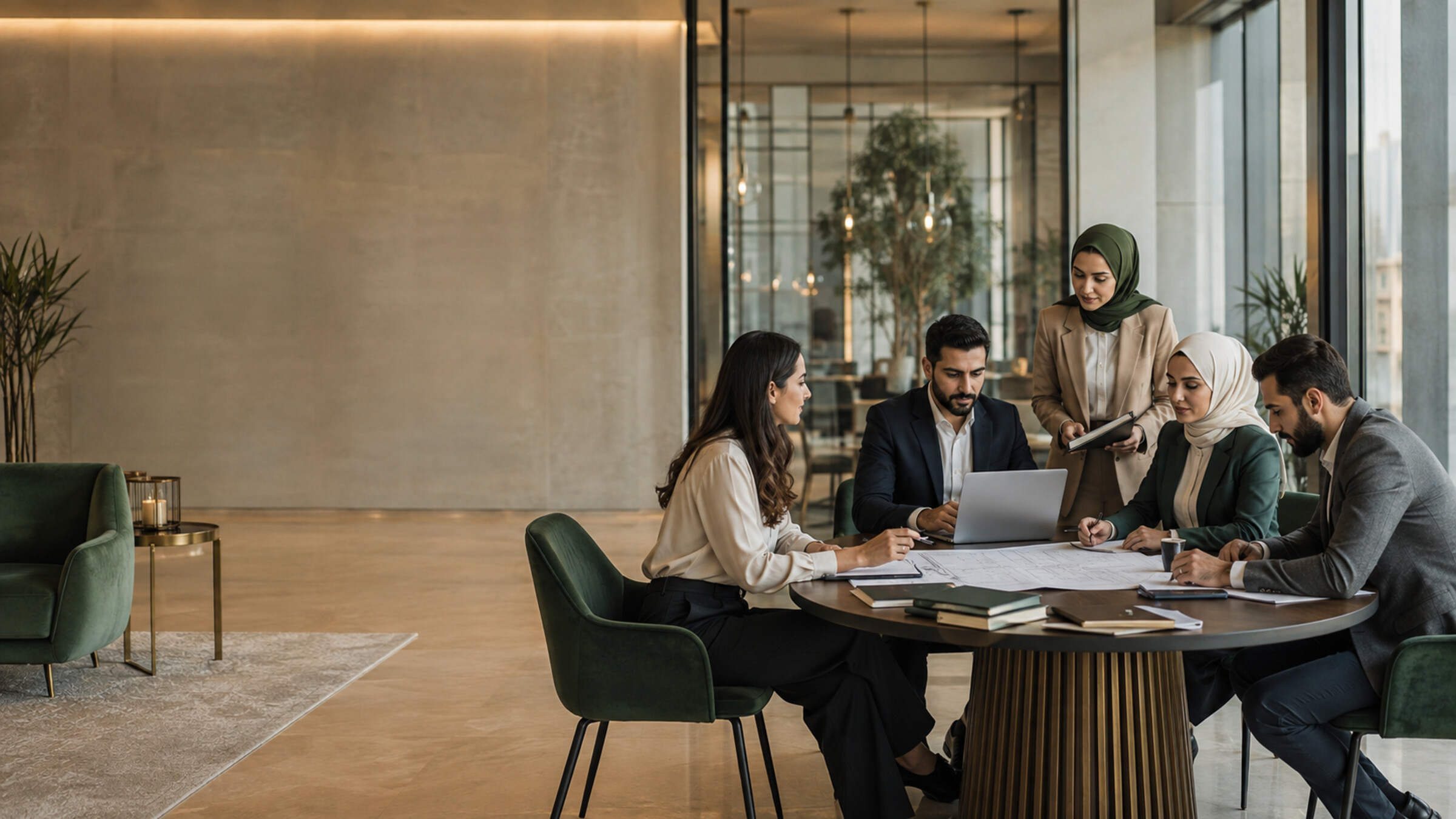 Monopoly Business Group professionals collaborating in a premium business lounge